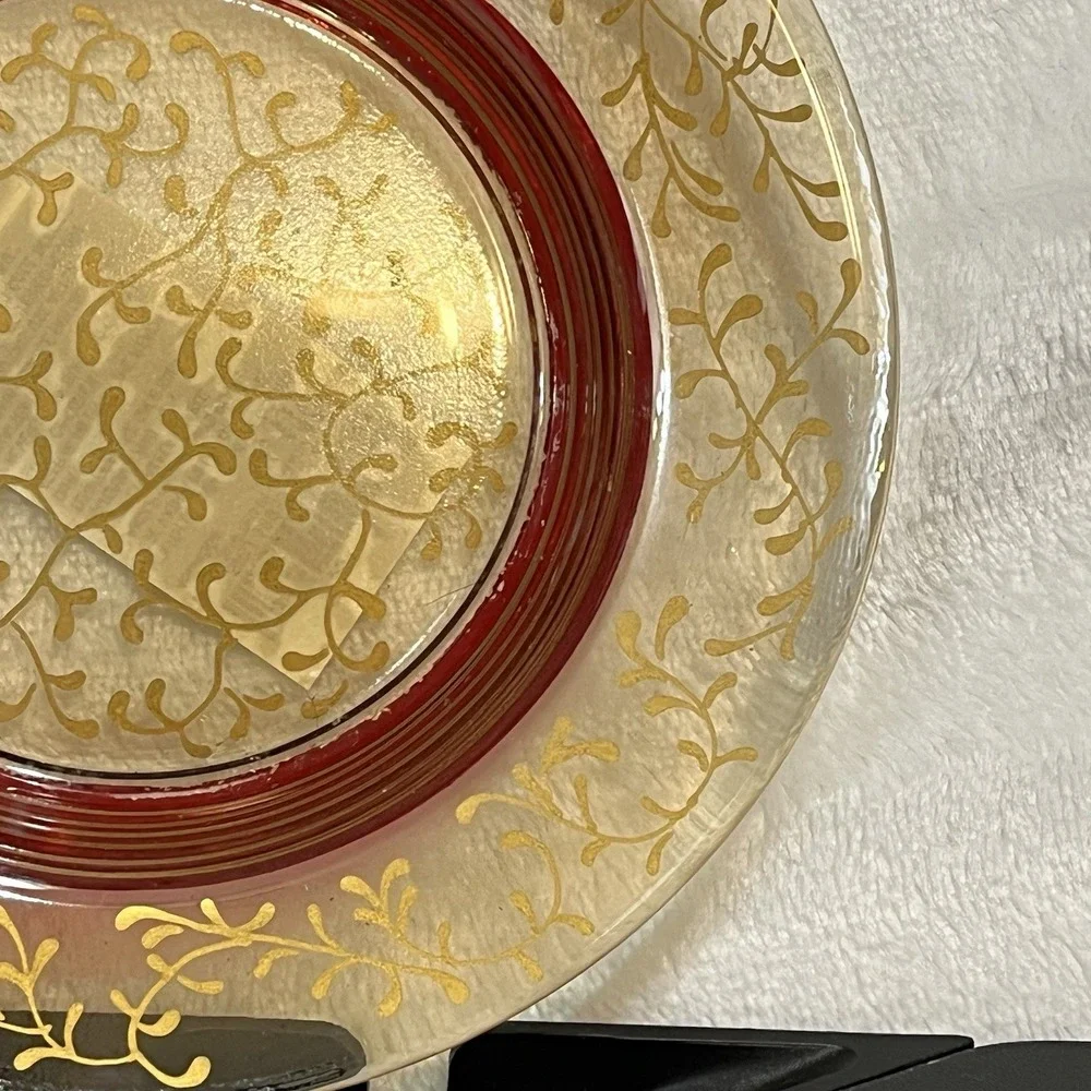 Vtg Pier 1 Rioja Red & Gold Scroll Plate Candle Dish 6